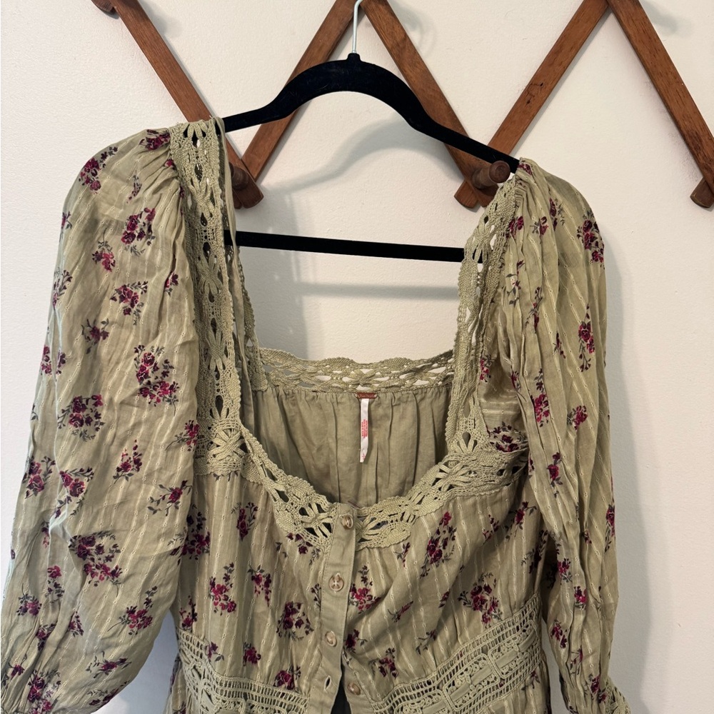 Free People Sage Green Floral Lace-Trim Midi Dress - Picture 4 of 7